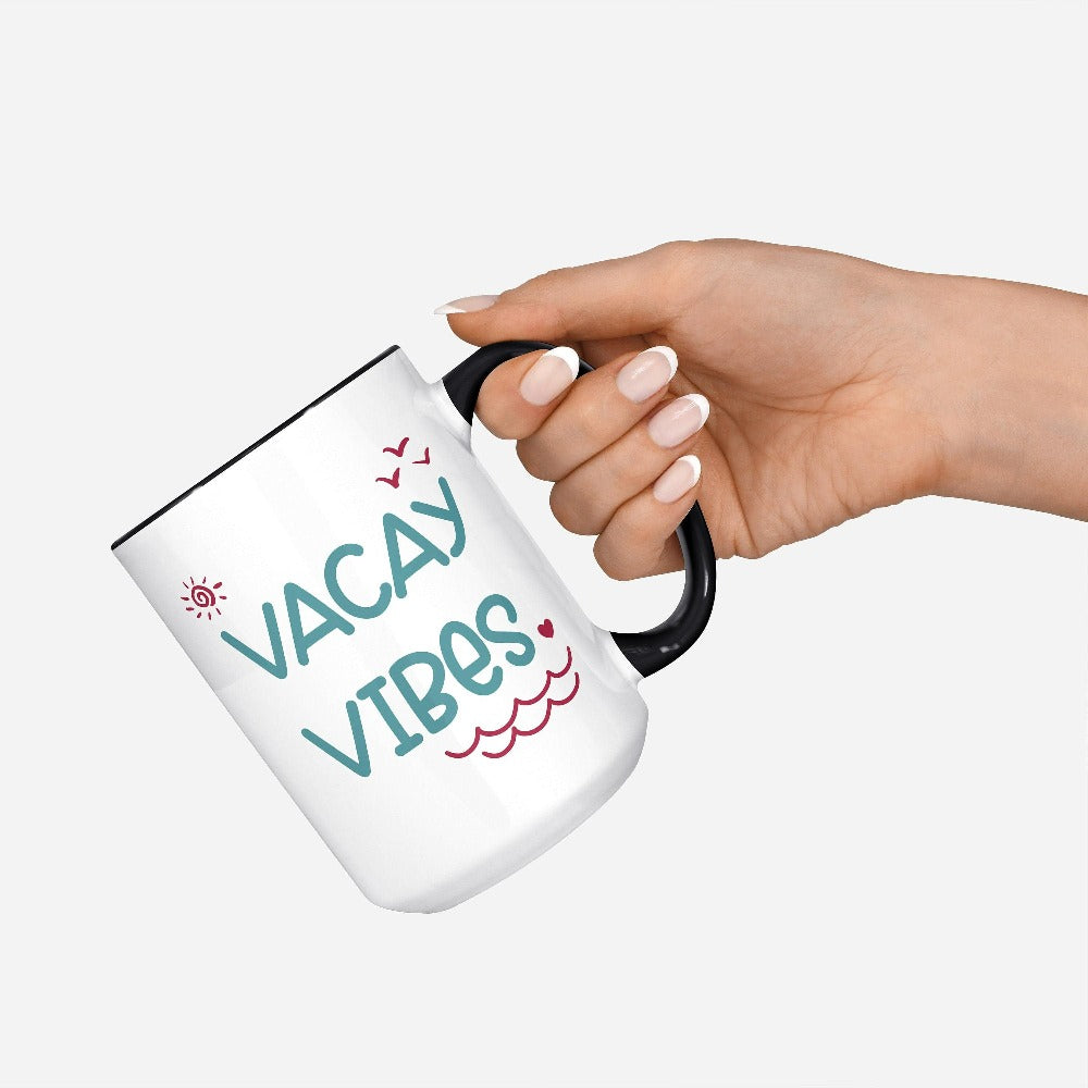Vacay vibes coffee mug souvenir perfect for your next cruise vacay, weekend island getaway, girls road trip or family reunion. This bright and cheerful mug is a great addition to rental property in a vacation town to get your guests in the vacation mood. 