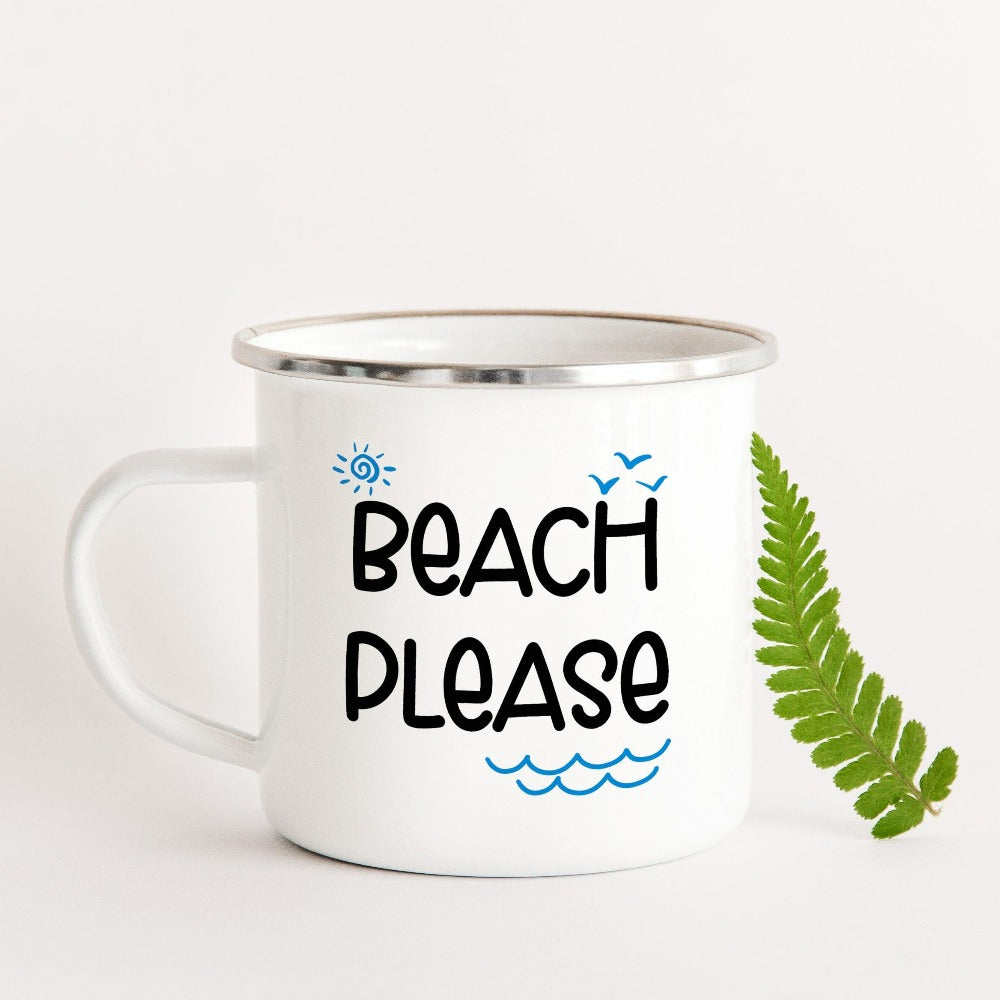 Take me to the beach with this humorous beach vacation "beach please" coffee mug with a twist on words. This funny cup is perfect souvenir for your cruise vacay, weekend island getaway, girls trip or lake house family reunion trip. Get in the vacay mood with this great gift idea.