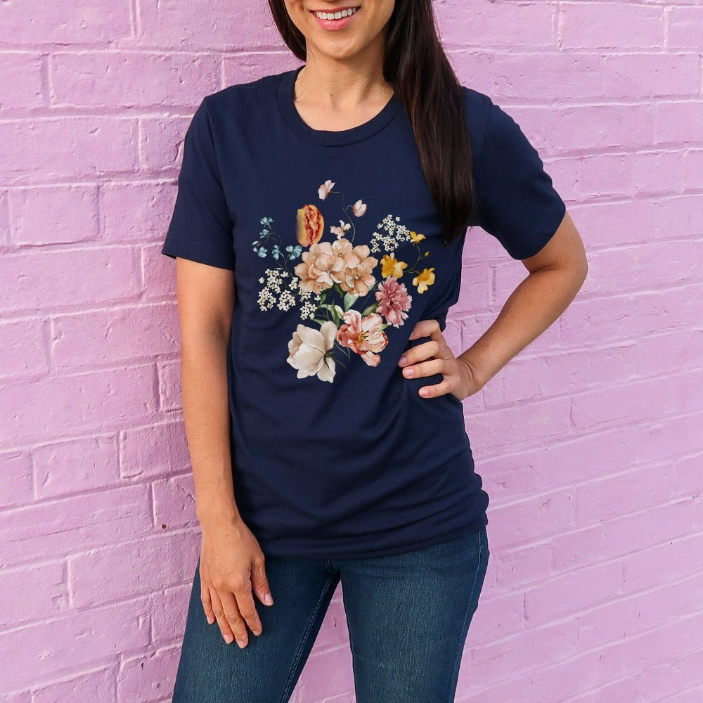 Bright, beautiful, simple and elegant. This adorable boho botanical floral shirt is a favorite. With wild flowers and cottage core vibes, it is perfect for any nature lover, plant lover or really anyone that appreciates the outdoors. The watercolor flower arrangement in pastel colors makes this graphic tee unique and beautiful. Perfect gift idea for birthday, Christmas holiday, Mother's Day, Thanksgiving or anniversary.