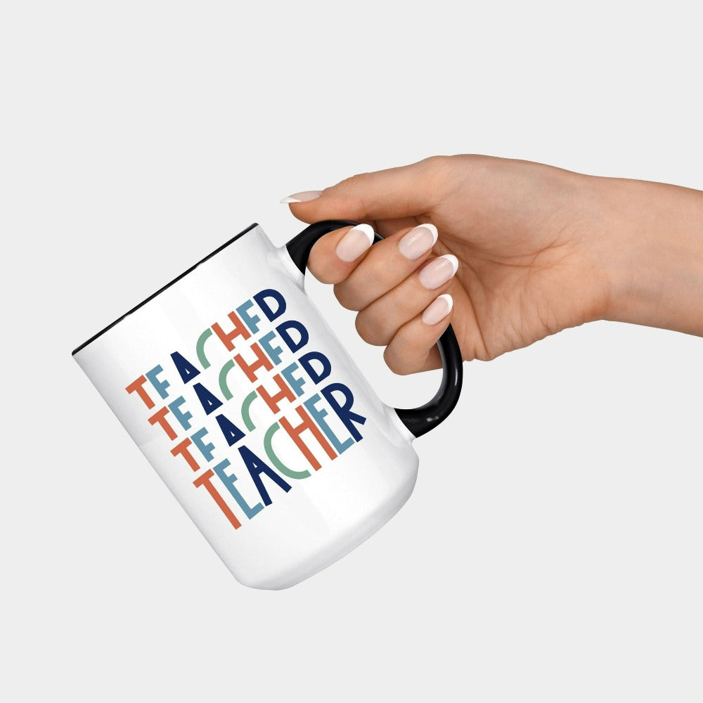 Cute coffee mug gift idea for teacher, trainer, instructor and homeschool mama. Show appreciation to your favorite grade teacher with this vibrant retro beverage cup. Perfect for elementary, middle or high school, back to school, last day of school, summer or spring break. Great for everyday use both in and out of the classroom.