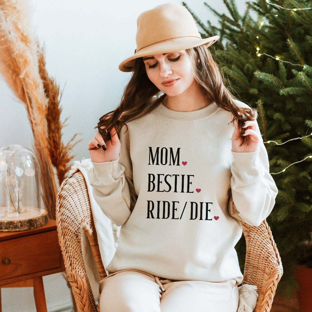 Mom Bestie sweatshirt. Celebrate mama and family with this shirt perfect for Mother's Day. This is a great baby announcement gift idea or baby shower present for the new mom. Also makes for a nice appreciative holiday gift from daughter or son.