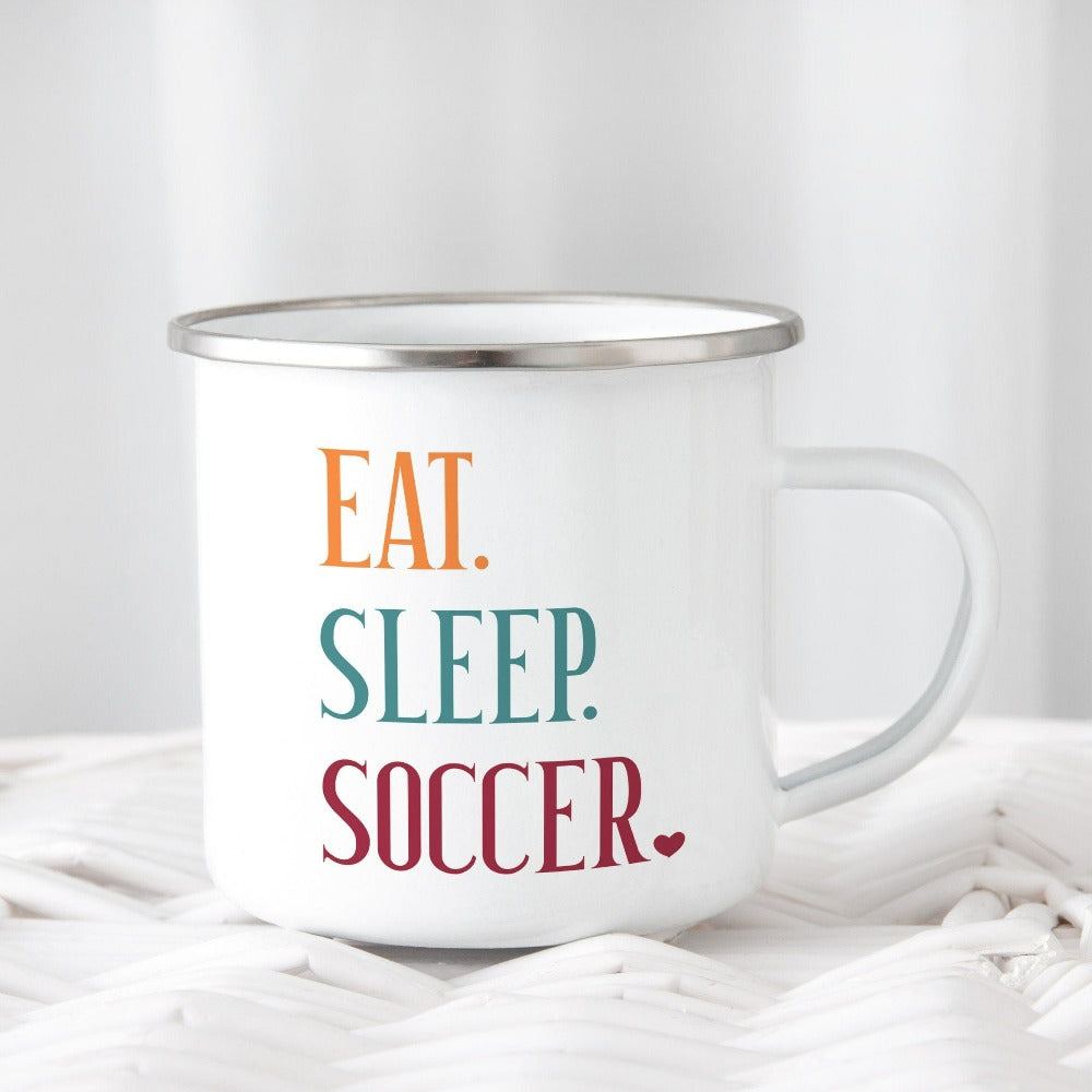 Eat, Sleep, Soccer coffee mug. It's always sports season depending on how you play. This playful soccer gift idea for your favorite athlete or soccer mom is bright and cheerful. Great for cheering on your team, getting ready for practice, heading out for a match and being the number one fan you have always been. Perfect soccer mom or dad birthday present.