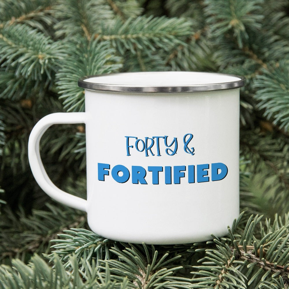 "Hello Forty". Grab this trendy forty mug as a 40th birthday gift for yourself , mom, sister, daughter and best friend. A fabulous female matching mug on any birthday celebration ideas like party or camping. Let's cheers to our forty year with this sassy mug.