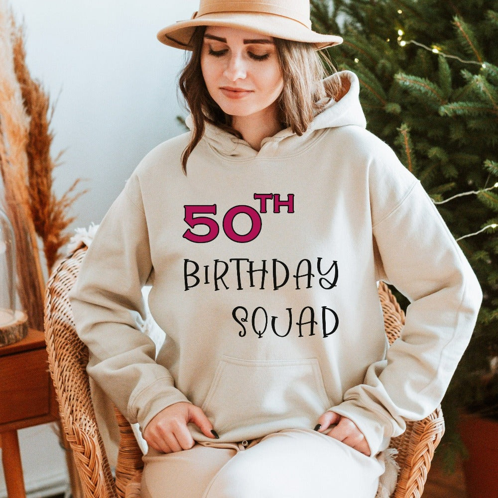 50th birthday squad gift. It's always fun to turn up and stand out especially on a special day. Whether you are planning a party for yourself or loved one, grab this adorable matching sweatshirt fit for the queen squad and get ready for celebrations with your crew.
