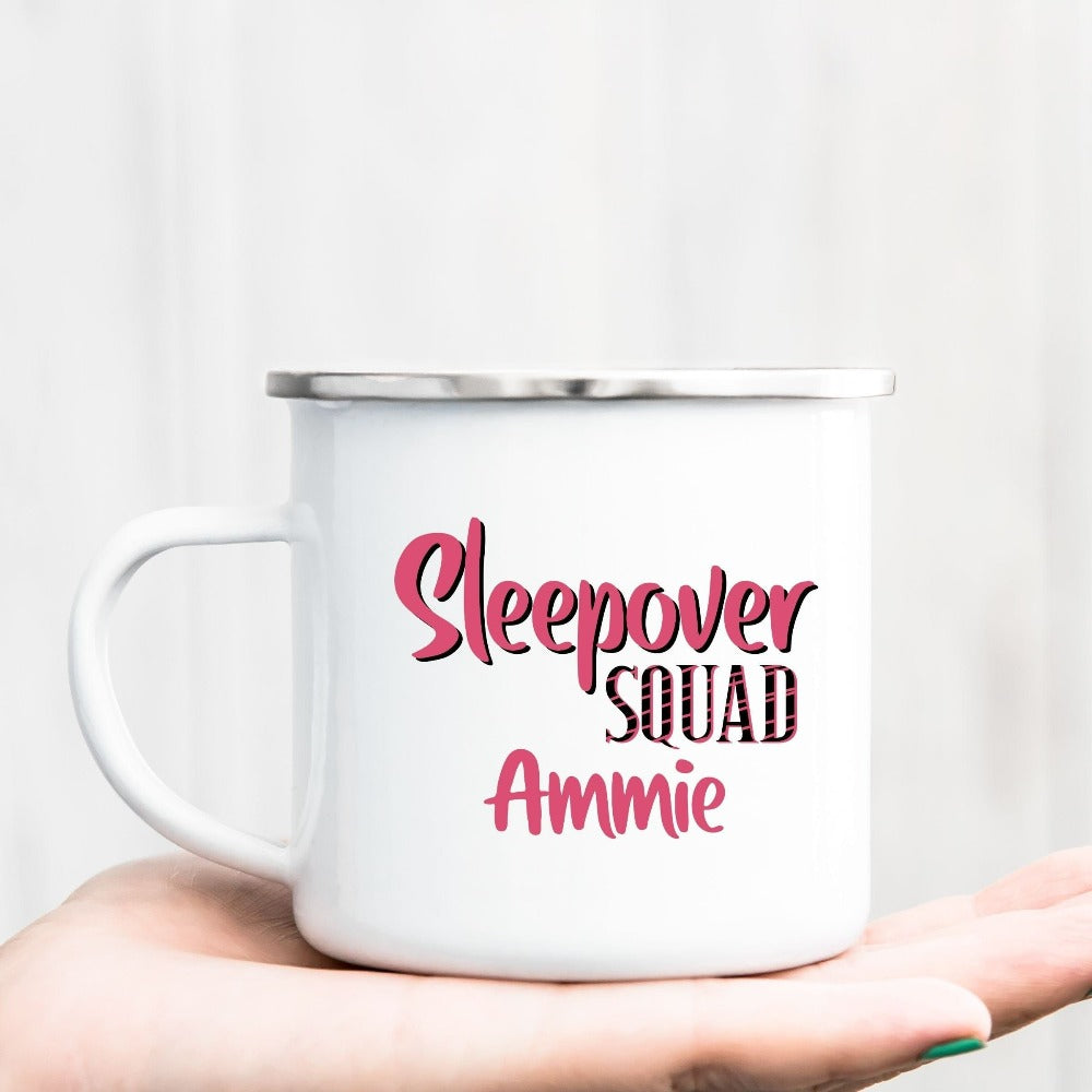 Cute personalized sleepover mug souvenir for besties. Perfect for daughter, niece or friends birthday, bridal shower, bachelorette wedding party or as girls custom matching slumber cup. Great teen or ladies favors gift idea when customized with name.