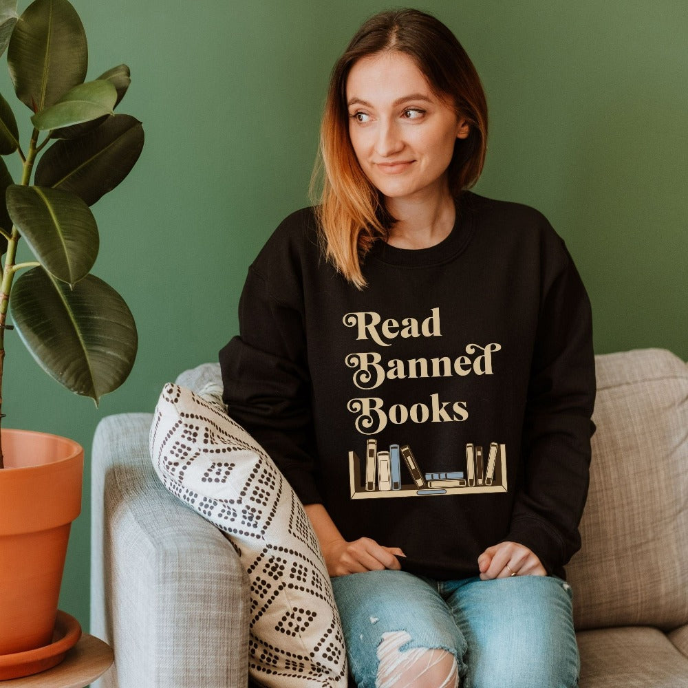 Funny book lover, English literature teacher, reading club or librarian gift idea. This Read Banned Books Humorous saying is a great expressive quote on a cozy sweatshirt. It always becomes the center of great conversation and a favorite for writers.