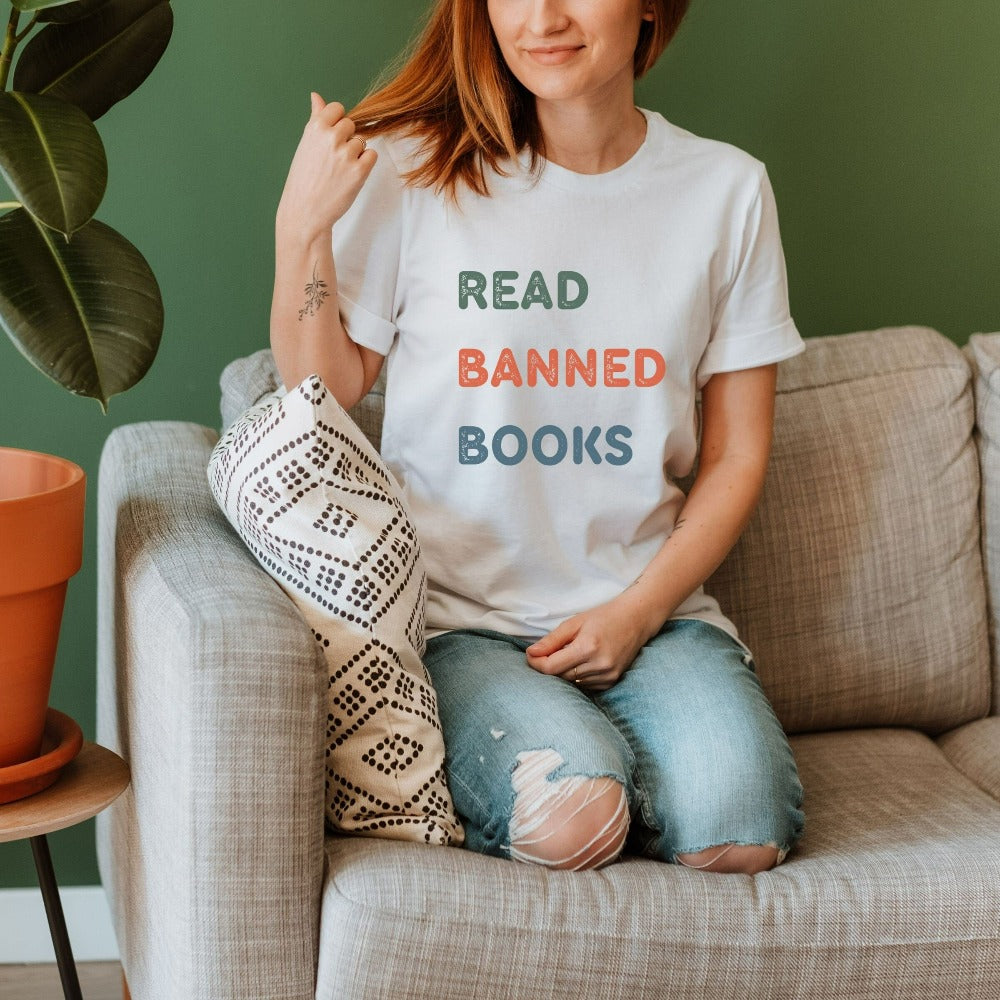 Funny book lover, English literature teacher, reading club or librarian gift idea. This Read Banned Books Humorous saying is a great expressive quote on a cozy shirt. It always becomes the center of great conversation and a favorite casual for writers.