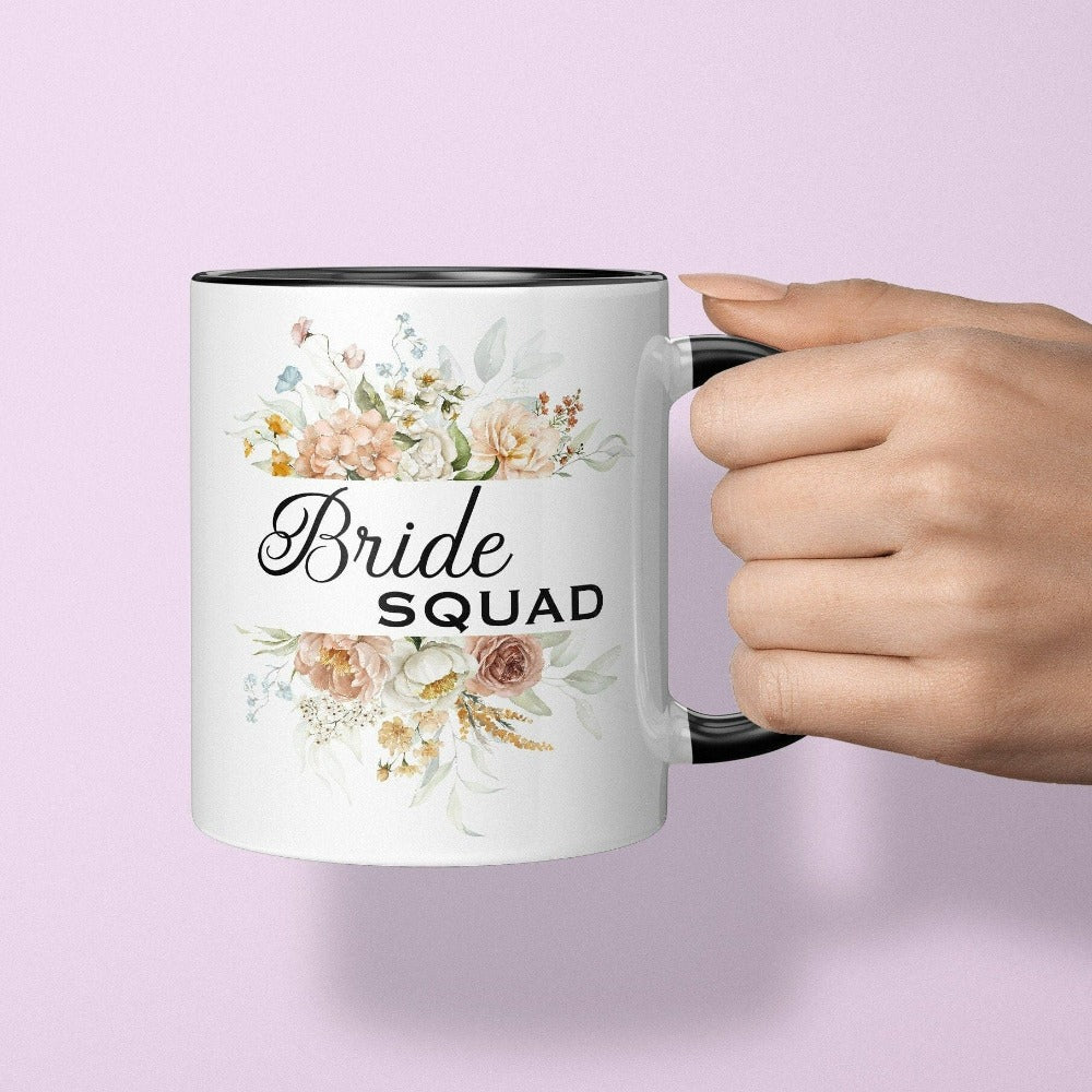 This matching floral bride squad coffee cup is a perfect bridesmaid invitation gift idea for the proposal box. Serves as an engagement announcement surprise souvenir; bachelorette party gift from bridesmaid or maid of honor; favorite beverage teacup for mother of the bride, mother of the groom and any other crew member involved in your wedding planning activities. 