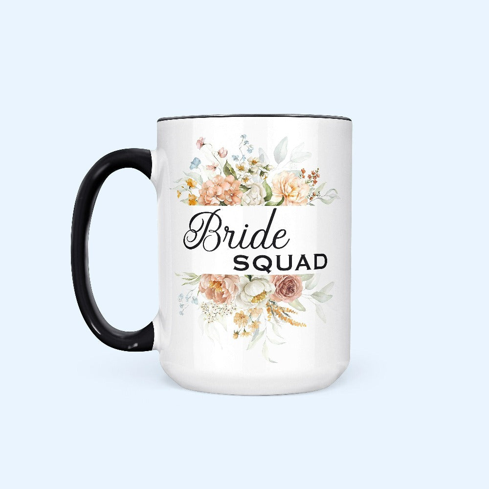 This matching floral bride squad coffee cup is a perfect bridesmaid invitation gift idea for the proposal box. Serves as an engagement announcement surprise souvenir; bachelorette party gift from bridesmaid or maid of honor; favorite beverage teacup for mother of the bride, mother of the groom and any other crew member involved in your wedding planning activities. 