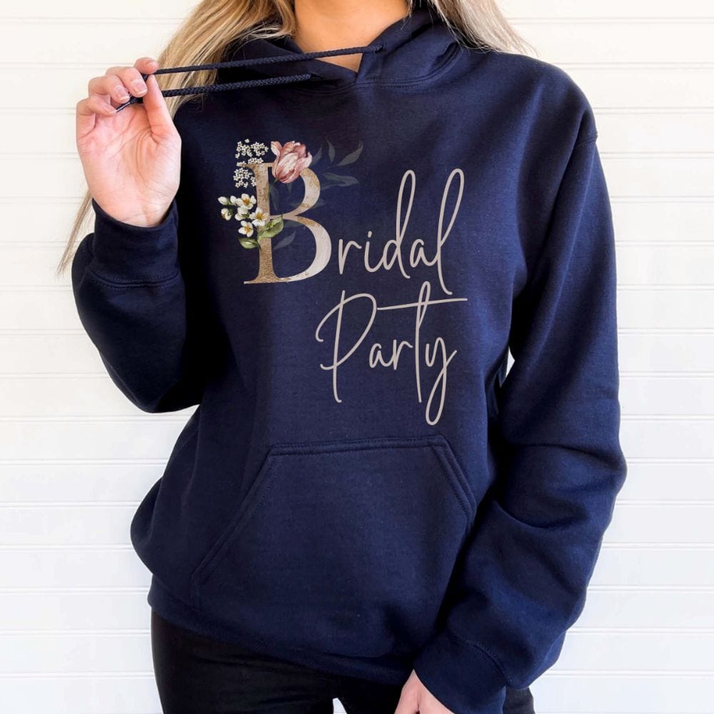 Floral bridal party hoodie for maid of honor, bride team, bridesmaids, mother of the bride or groom and wedding party. Great idea for engagement announcement, bachelorette party, bridesmaid proposal box gift idea, rehearsal dinner, and after wedding parties. This cute getting ready present is a perfect addition for the bride's crew, team or squad.