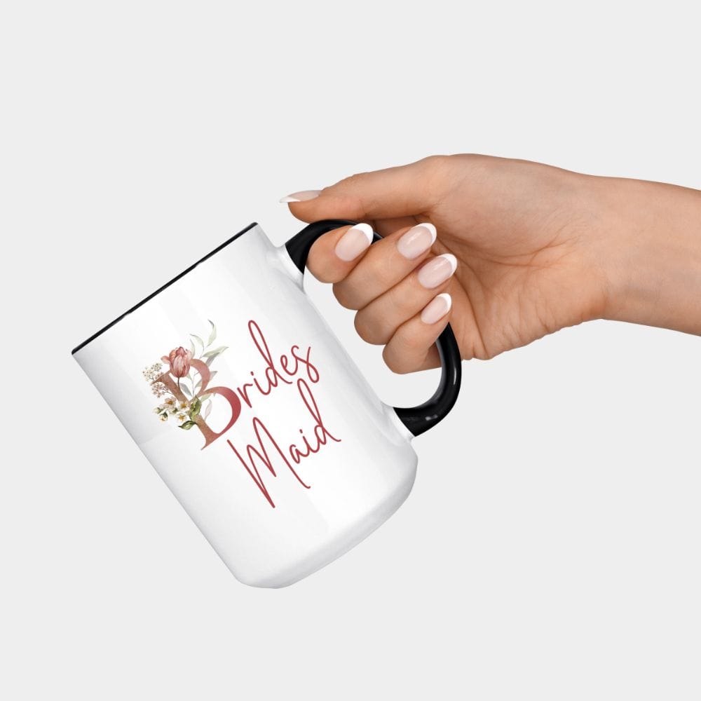 Floral bridal party coffee mug souvenir for bridesmaid, BFF and bestie team on your wedding. Great idea for engagement announcement, bachelorette party, bridesmaid proposal box gift idea, rehearsal dinner, and after wedding parties. This cute getting ready present is a perfect addition for the bride's crew, team or squad.