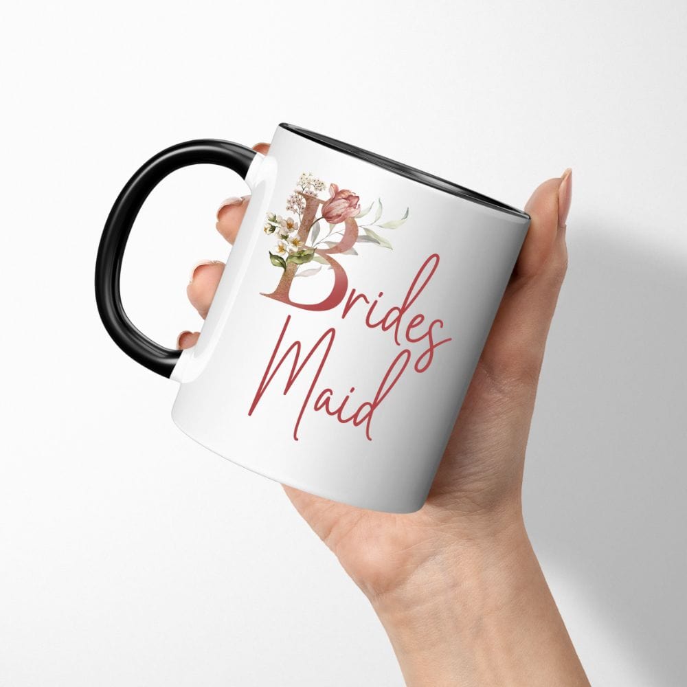 Floral bridal party coffee mug souvenir for bridesmaid, BFF and bestie team on your wedding. Great idea for engagement announcement, bachelorette party, bridesmaid proposal box gift idea, rehearsal dinner, and after wedding parties. This cute getting ready present is a perfect addition for the bride's crew, team or squad.