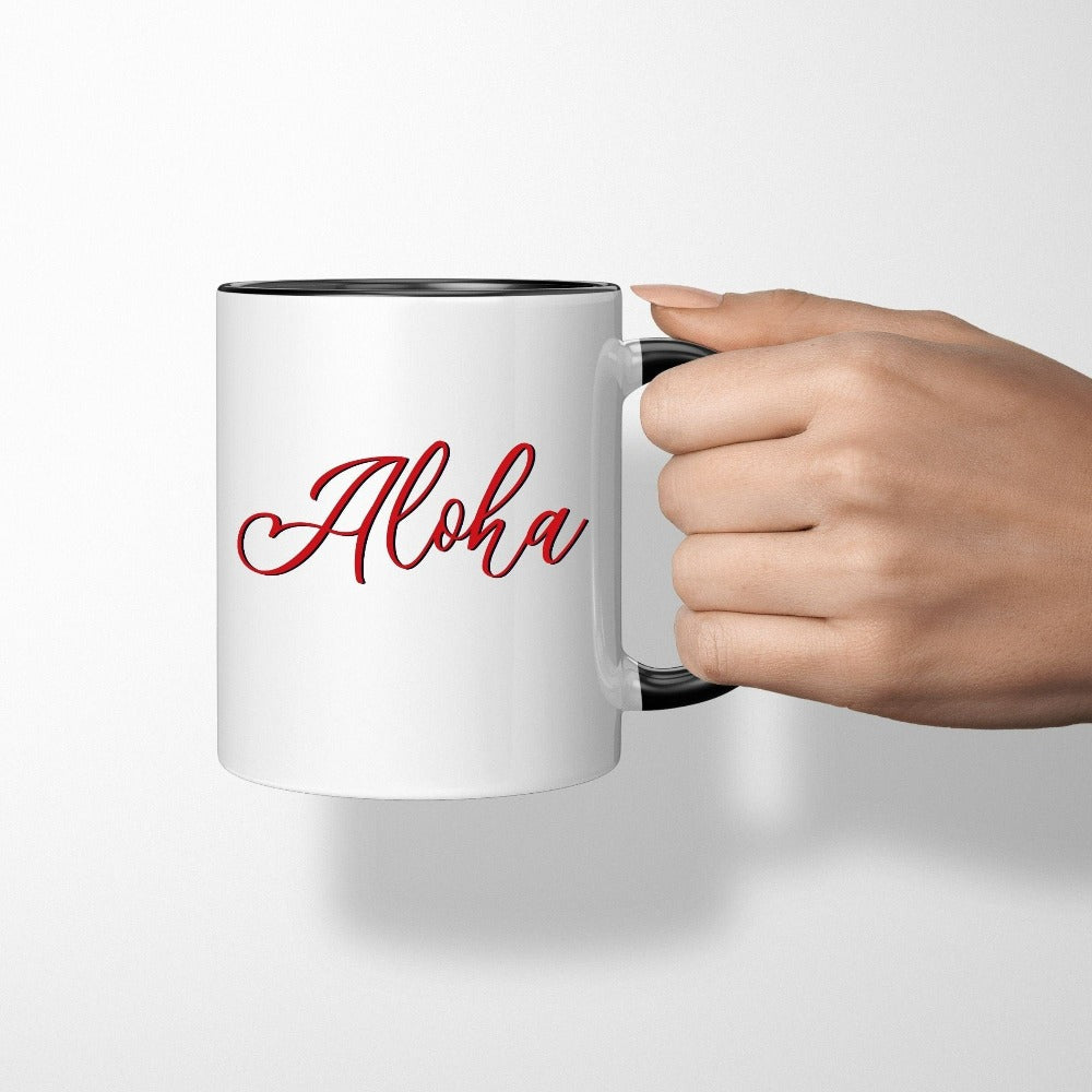 Aloha with this cute vacation coffee mug souvenir for your family beach island cruise, dream destination honeymoon getaway, mother daughter weekend adventure, girls trip matching outfit. This perfect vibrant travel gift idea is great for your summer break gift for your favorite traveler crew.