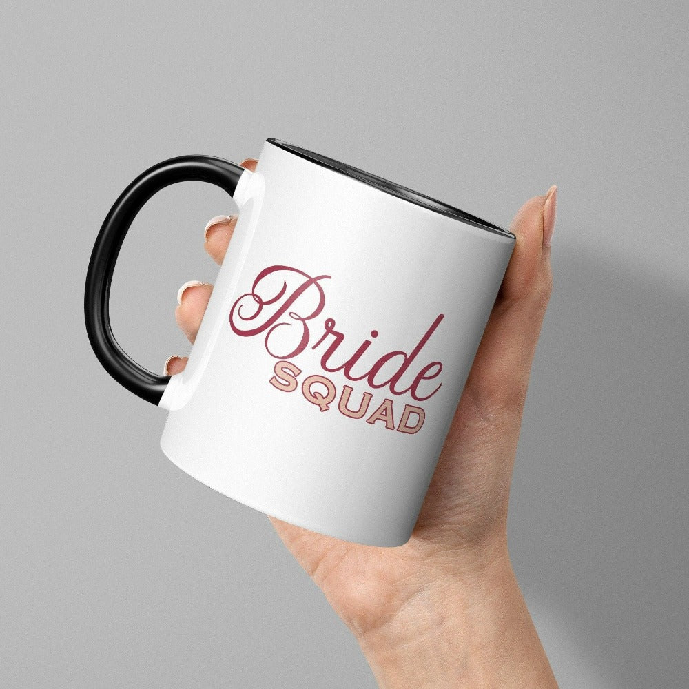 This bride squad souvenir coffee mug is a perfect bridesmaid invitation or proposal box gift idea. Perfect as an engagement announcement surprise, bachelorette party gift, gift for bridesmaid or maid of honor, rehearsal night dinner present for mother of the bride, mother of the groom and any other crew member involved in your wedding planning activities.