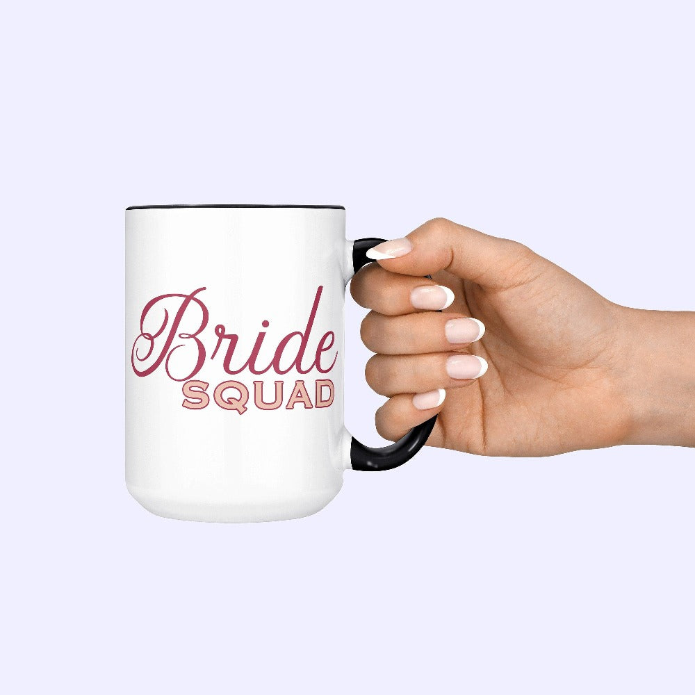 This bride squad souvenir coffee mug is a perfect bridesmaid invitation or proposal box gift idea. Perfect as an engagement announcement surprise, bachelorette party gift, gift for bridesmaid or maid of honor, rehearsal night dinner present for mother of the bride, mother of the groom and any other crew member involved in your wedding planning activities.