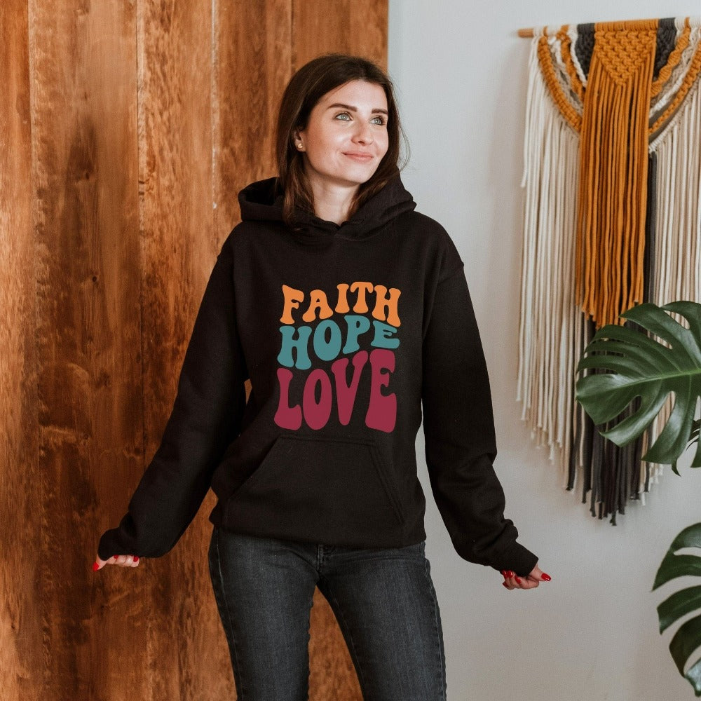 Christian faith based gift idea outfit for religious friend or loved one. Bible verse and 1st Corinthians 13 quote - Faith, Hope and Love saying. Great matching sweatshirt for a church convention, Sunday school or weekend service. Grab this for a birthday shirt for youth pastor or leader, minister or any other Christian family.