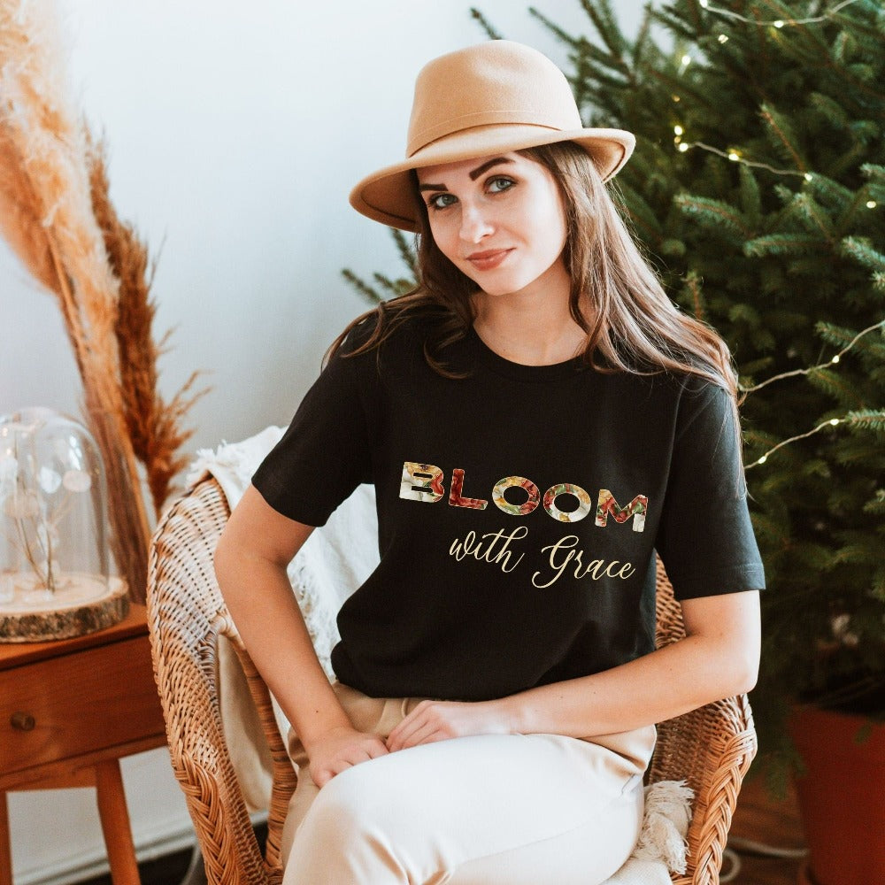 Positive, inspirational casual shirt perfect as an uplifting birthday gift idea for best friend, religious mom, Christian co-worker, family reunion, Christmas holiday outfit and more. This floral design gives an intriguing unique boho look to this adorable tee.