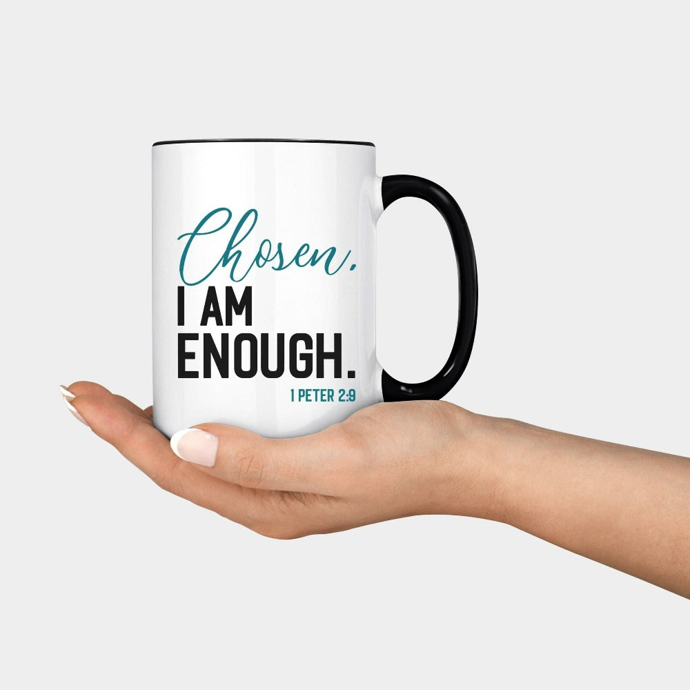 Christian faith based gift idea for religious friend or loved one. This minimalist mug is based on the scriptural quote from 1 Peter 2:9. Great matching souvenir for a church convention, Sunday school or weekend service. Grab this for a birthday gift for youth pastor or leader, minister or any other Christian friend.