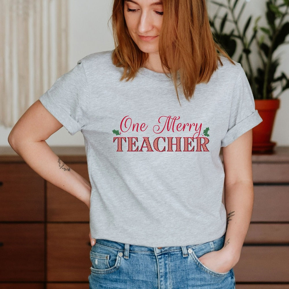 Teacher Christmas Shirt, Christmas Gift for Teacher, One Merry Teacher Shirt, Kindergarten Teacher Holiday T-shirt, Elementary Teacher Christmas Party Shirts
