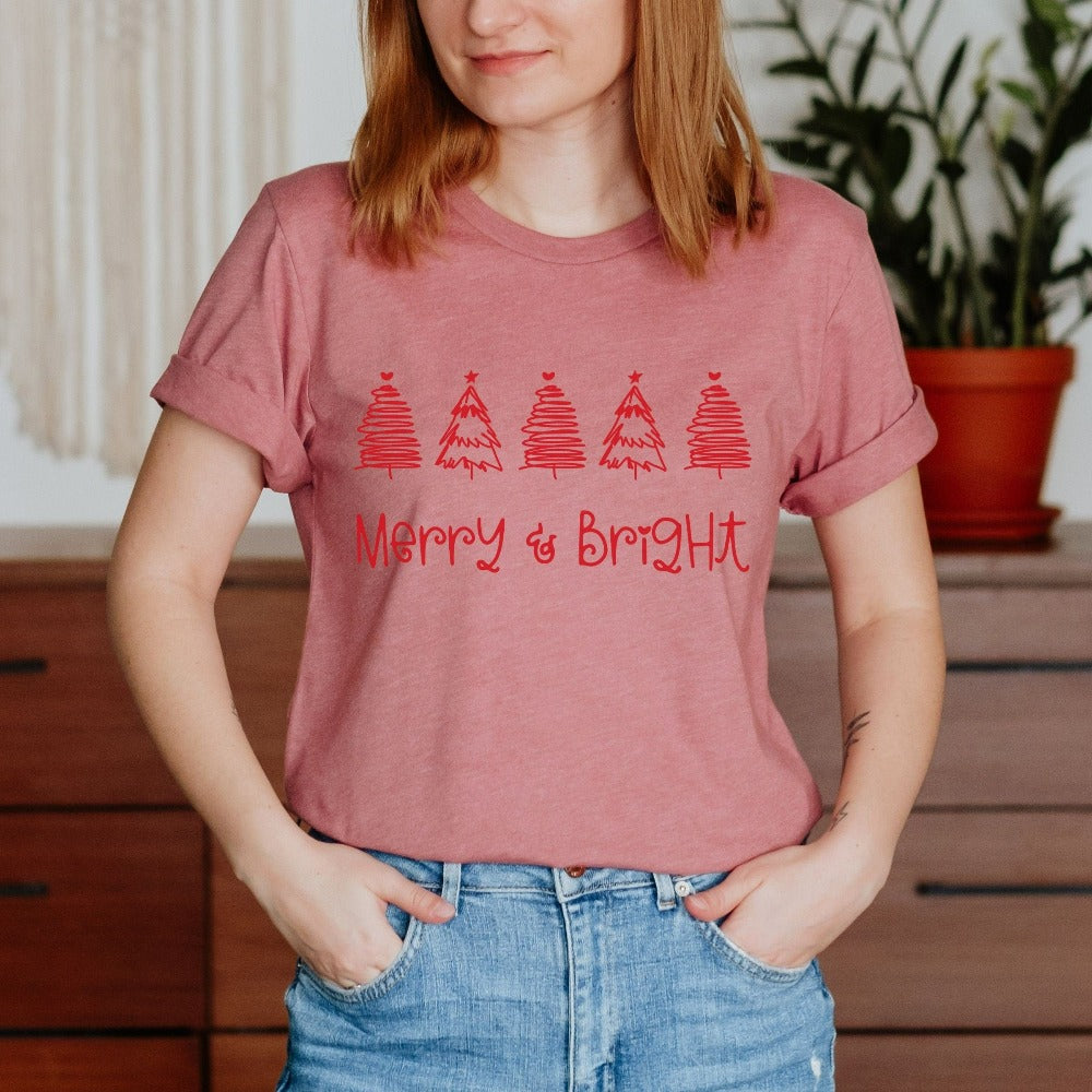 Christmas Shirt, Merry Bright Christmas T-Shirt for Women, Couple Holiday Tees, Family Christmas Vacation Shirt, Xmas Eve Tees