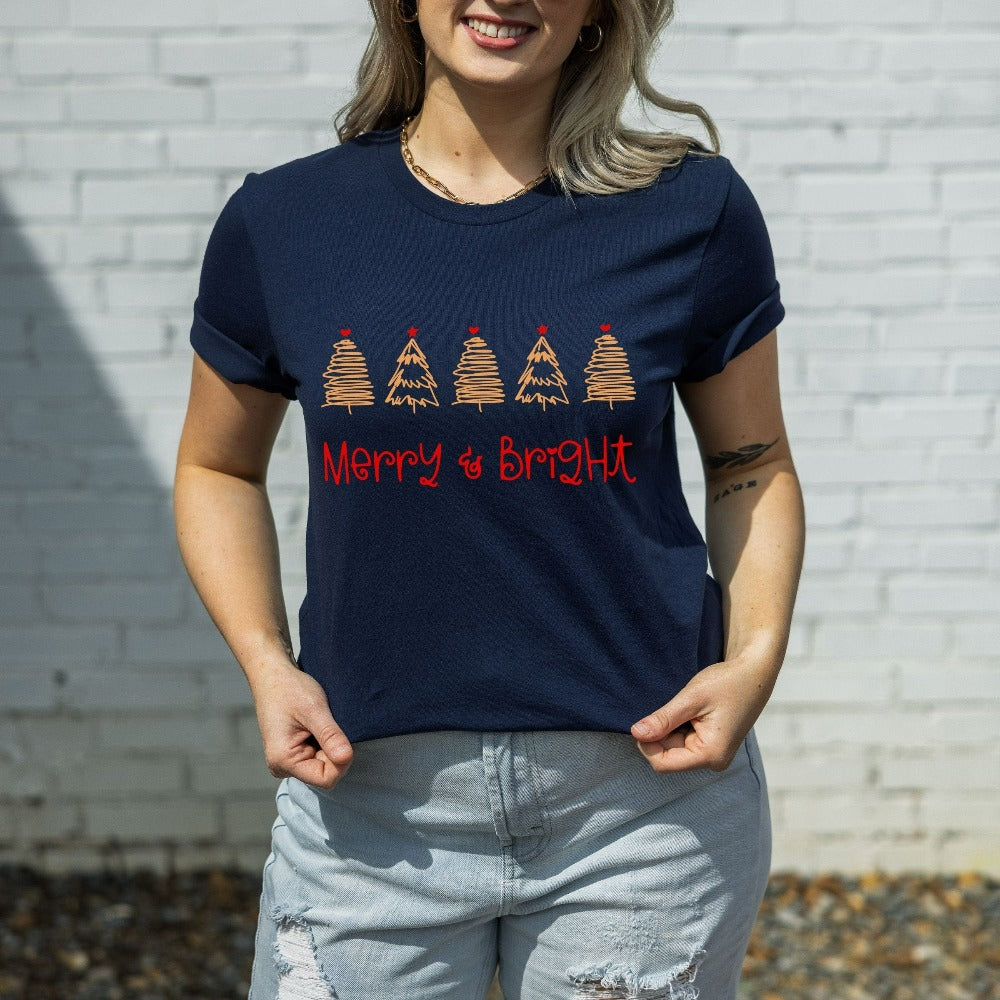 Christmas Shirt, Merry Bright Christmas T-Shirt for Women, Couple Holiday Tees, Family Christmas Vacation Shirt, Xmas Eve Tees