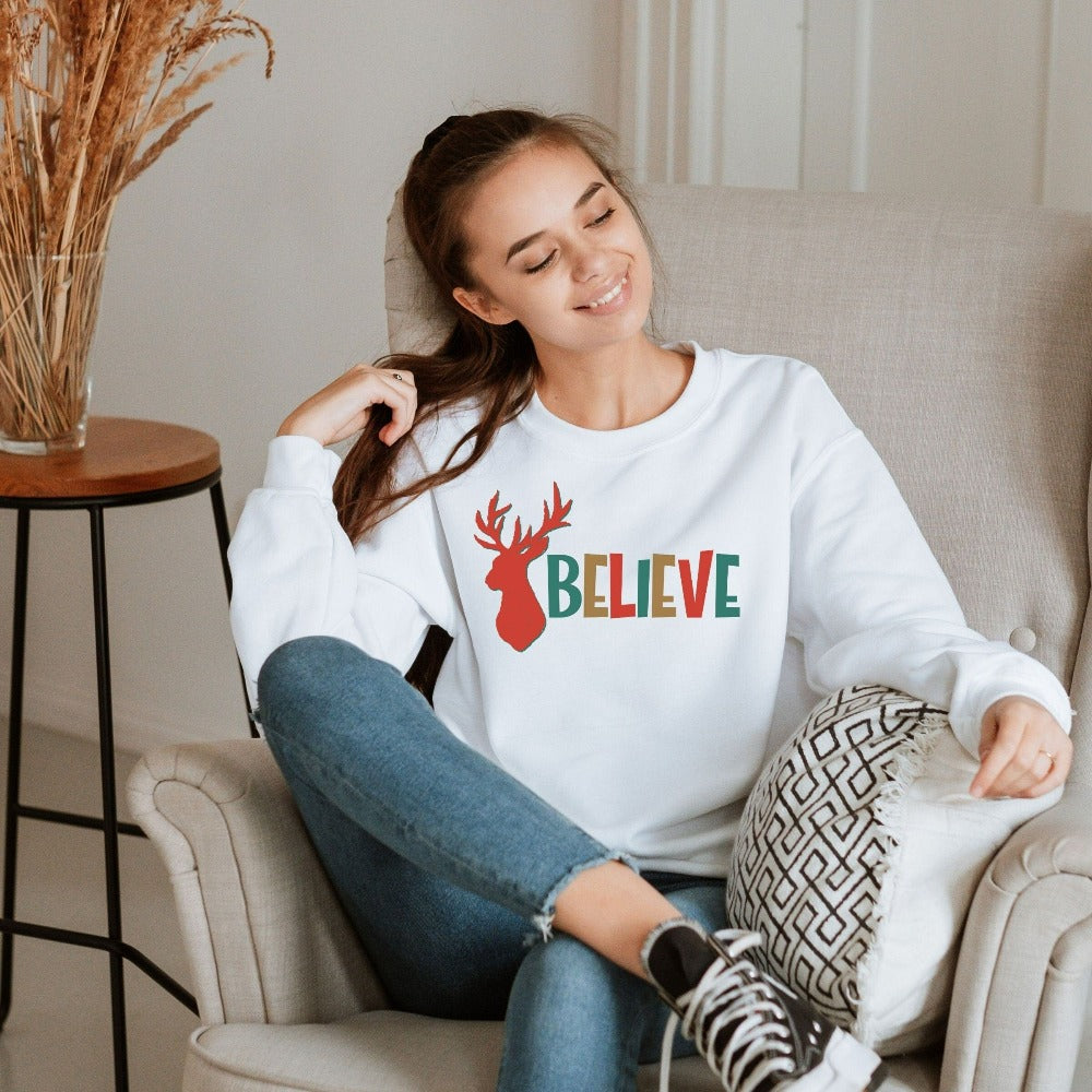 Christmas Sweatshirt, Christmas Party Shirt with Positive Quotes, Inspirational Xmas Gift for Kindergarten Teacher, Believe Winter Sweater