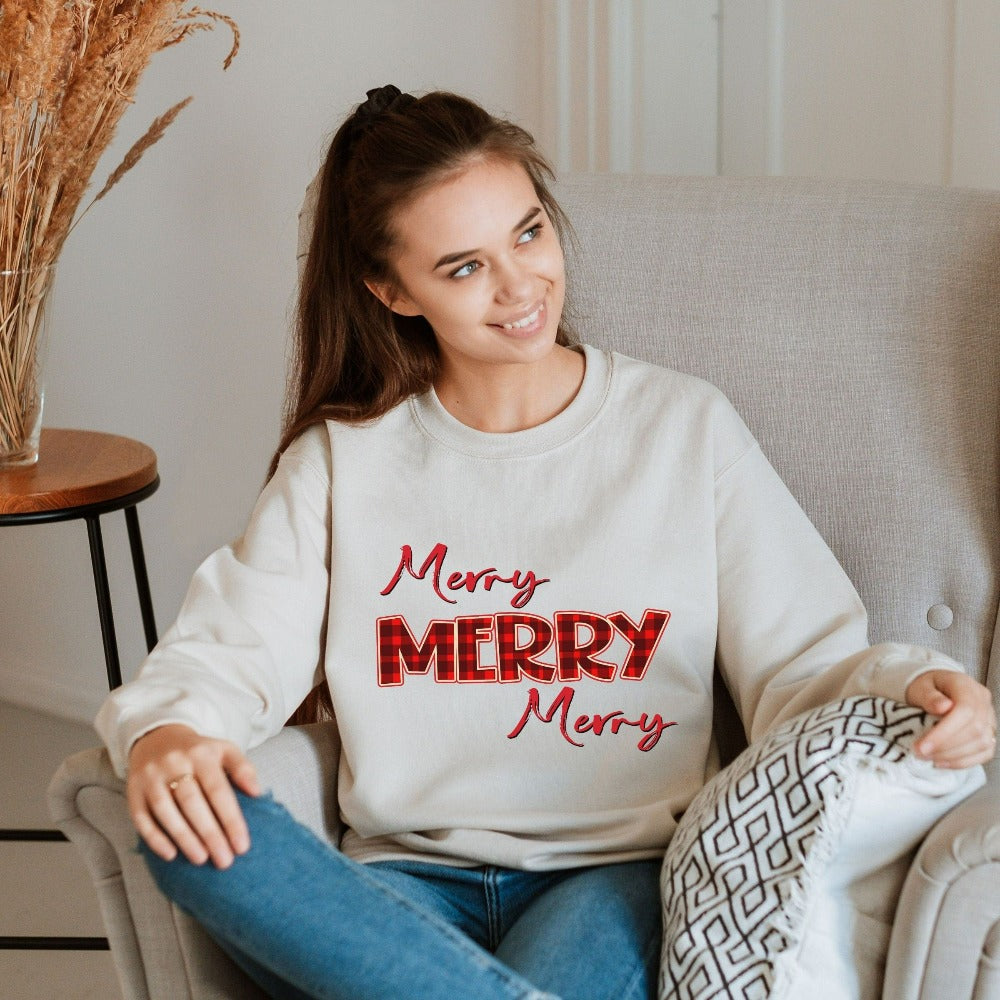 Christmas Sweatshirt, Xmas Holiday Sweater, Merry Christmas Sweatshirt, Christmas Party Family Gift, Winter Buffalo Plaid Group Top
