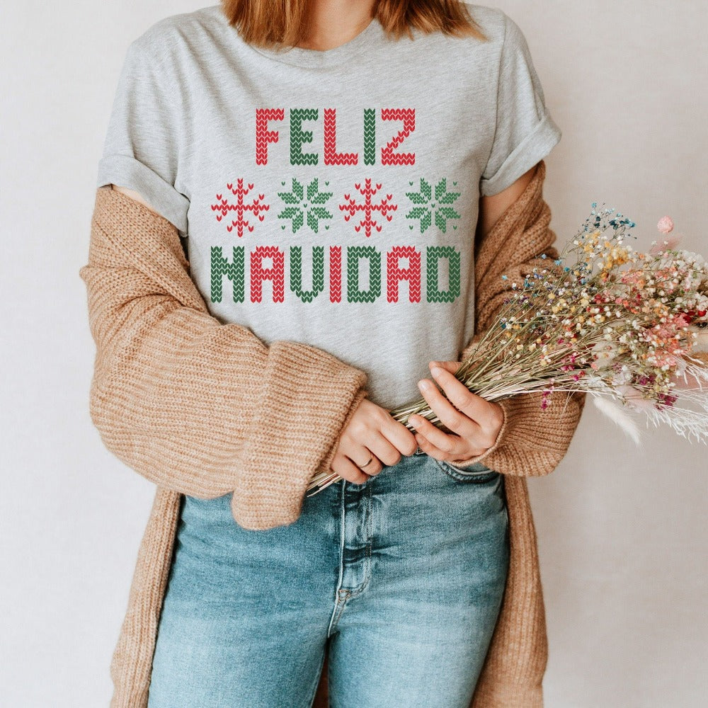 Christmas T-Shirts, Feliz Navidad Familia Tee, Spanish Christmas Shirt, Merry Christmas Gift for Grandma, Ladies Christmas Tees