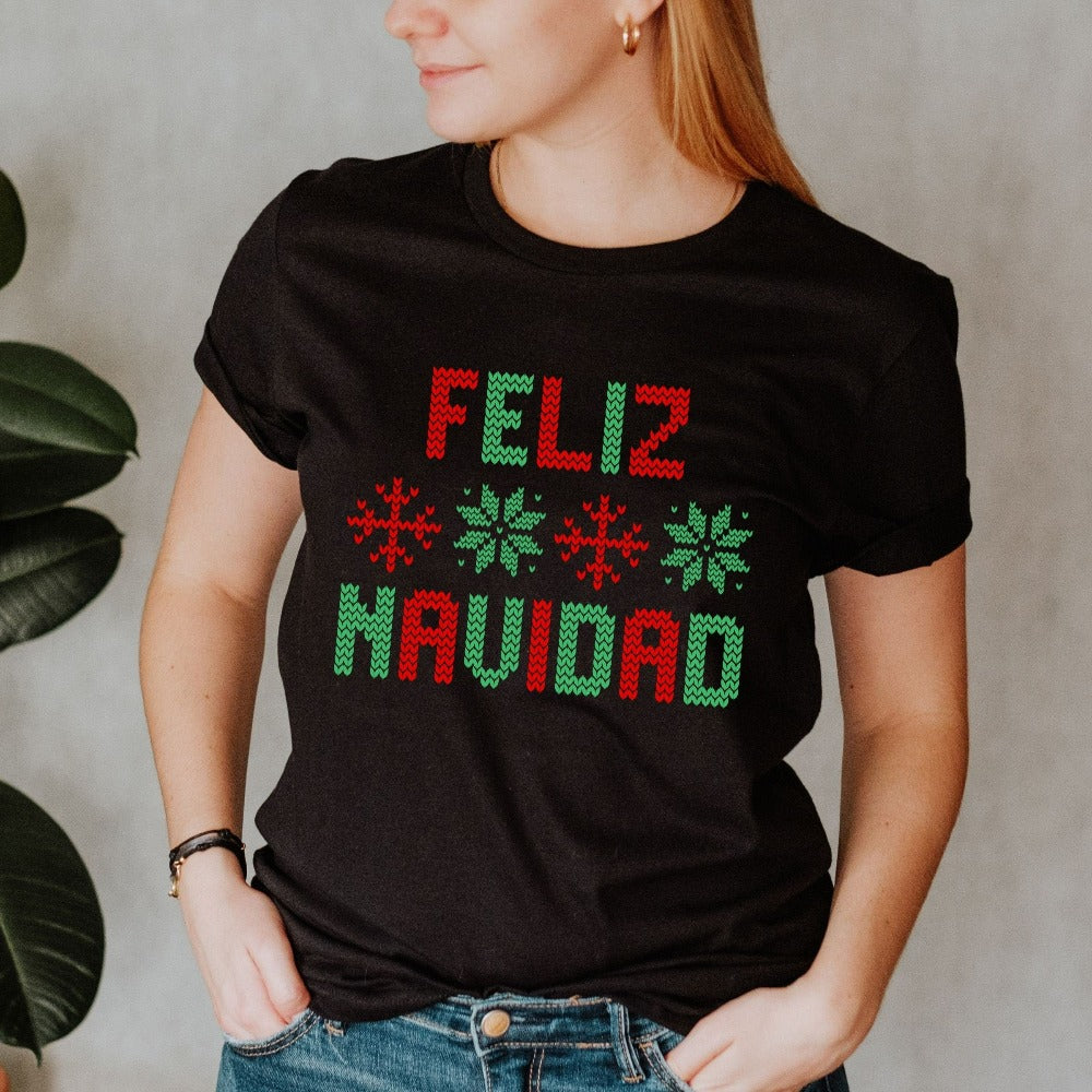 Christmas T-Shirts, Feliz Navidad Familia Tee, Spanish Christmas Shirt, Merry Christmas Gift for Grandma, Ladies Christmas Tees