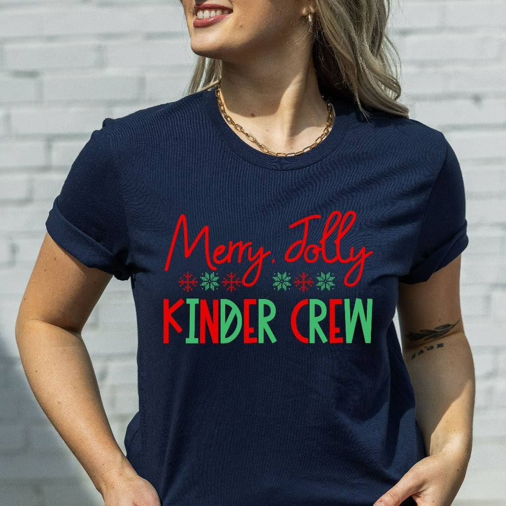 Christmas Teacher Shirt, Kinder Crew T-Shirt, Teacher Xmas Gift, Kindergarten Teacher Holiday TShirts, Kinder Xmas Party Tees