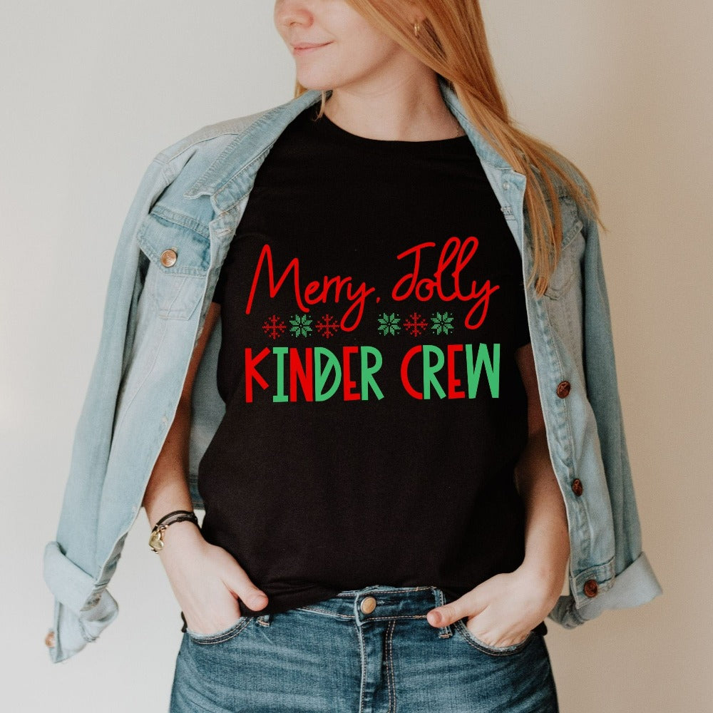 Christmas Teacher Shirt, Kinder Crew T-Shirt, Teacher Xmas Gift, Kindergarten Teacher Holiday TShirts, Kinder Xmas Party Tees