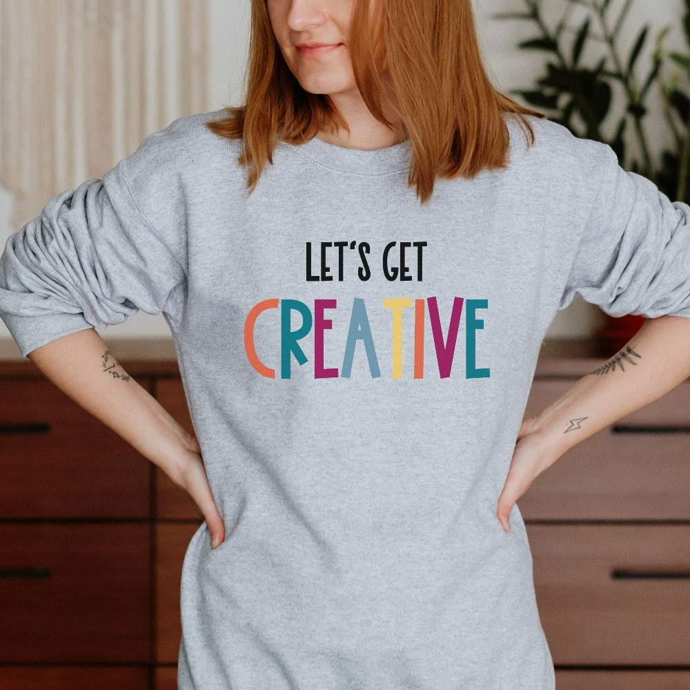 Arts and Craft teacher sweatshirt. This colorful retro casual top is perfect for elementary, middle or high school arts teacher. Make a great back to school team outfit, Christmas gift, first day or last day of school shirt or summer break shirt.