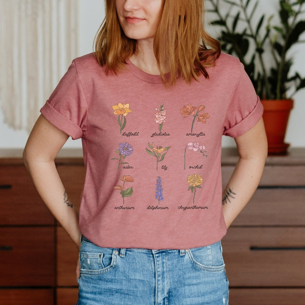 Wildflower graphic shirt showing daffodil, gladiolus, amaryllis, aster, lily, orchid, anthurium, delphinium and chrysanthemum. This botanical wild flower casual tee is great for Mother's Day, birthday, Christmas holidays, gift for best friend, daughter, mom or loved one especially anyone that loves nature, flowers and adorable watercolor outfits.
