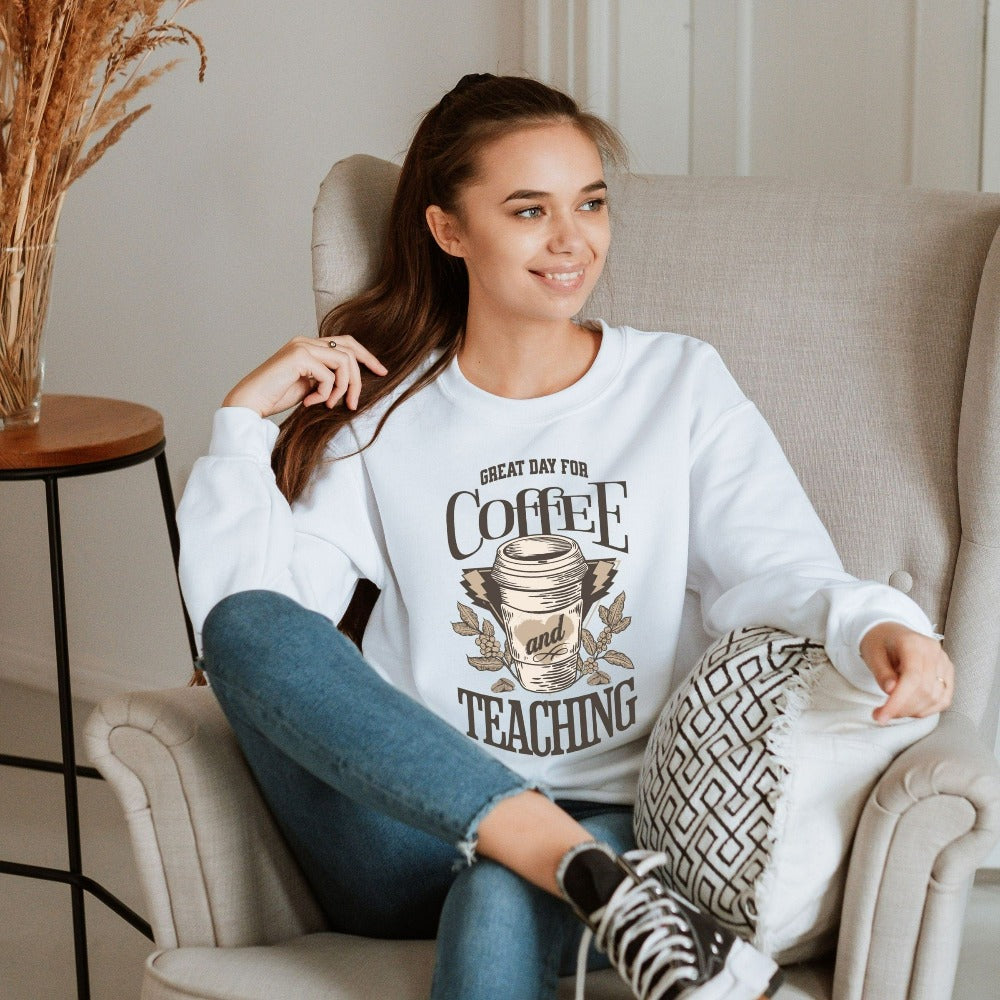 Humorous coffee lover gift idea for teacher, trainer, instructor and homeschool mama. Show appreciation to your favorite grade teacher with this funny sweatshirt. Perfect for elementary, middle or high school, back to school, last day of school, summer or spring break. Great for everyday use both in and out of the classroom.