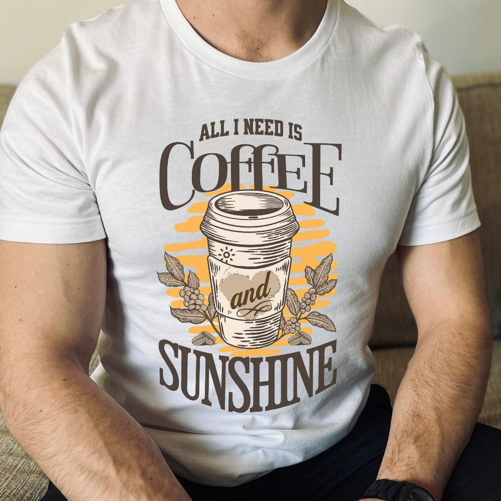 Humorous sunshine and coffee lover gift idea for summer break, vacation life, beach vacay mode, girls road trip and family reunions. Show appreciation to your favorite loved one, mom, grandma, best friend or relative with this cute shirt. Great funny graphic tee for everyday use both indoors and outdoors.