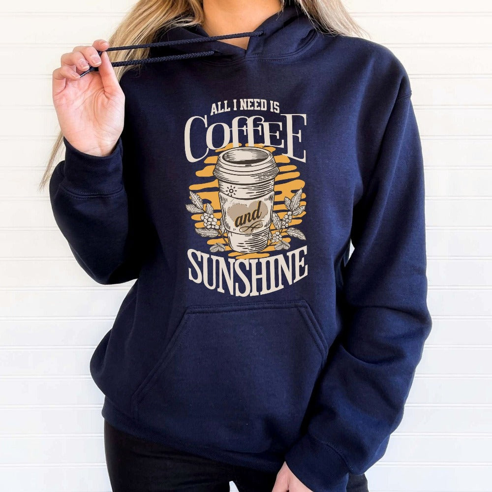 Humorous sunshine and coffee lover gift idea for summer break, vacation life, beach vacay mode, girls road trip and family reunions. Show appreciation to your favorite loved one, mom, grandma, best friend or relative with this cute sweatshirt. Great funny graphic shirt for everyday use both indoors and outdoors.