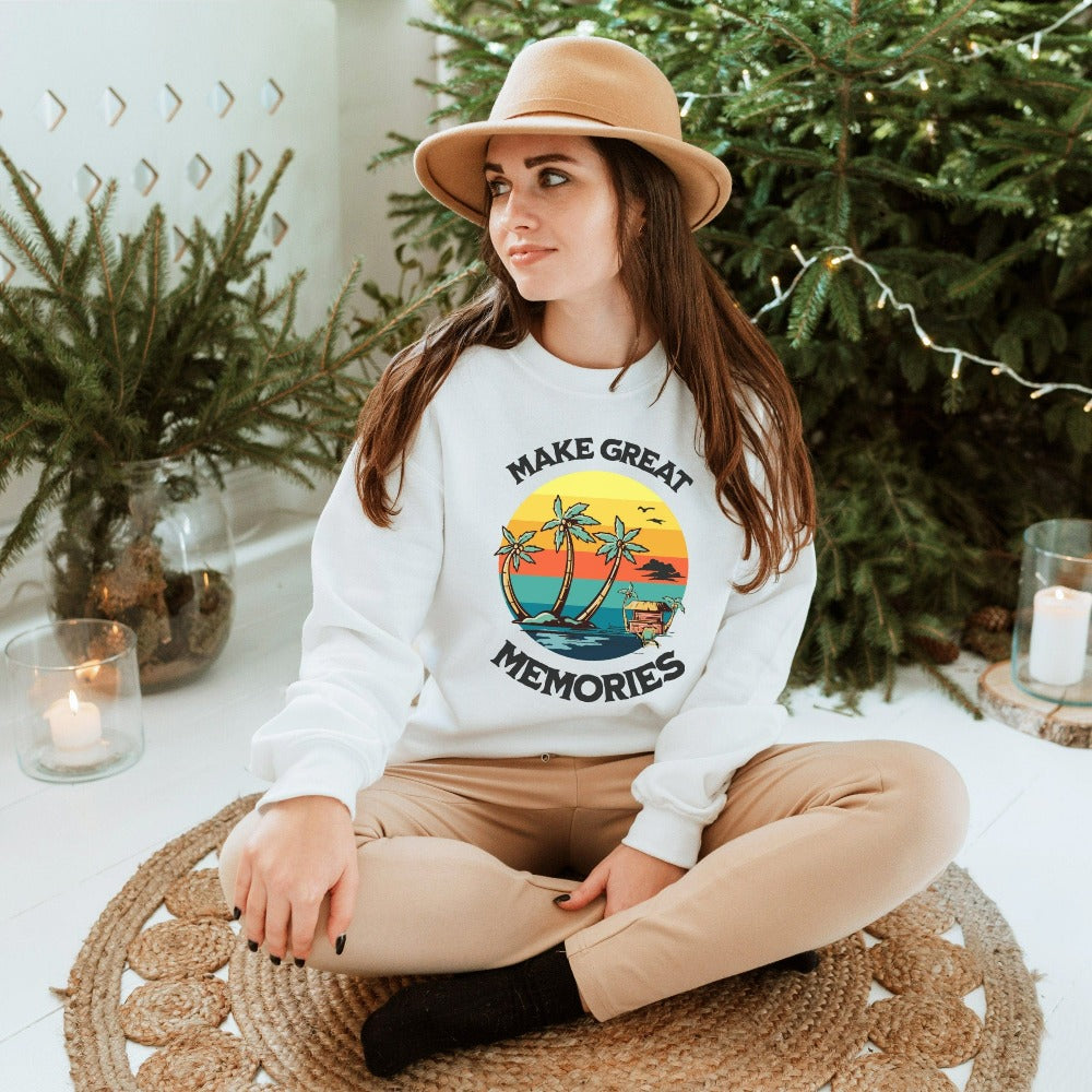 Make great memories together. This graphic island beach casual sweatshirt gift is a perfect souvenir for hang outs with friends and family, weekend getaways, cruise vacations, family reunions, camping trips and more. Perfect matching gift to help you get ready for your next coastal summer vacay.