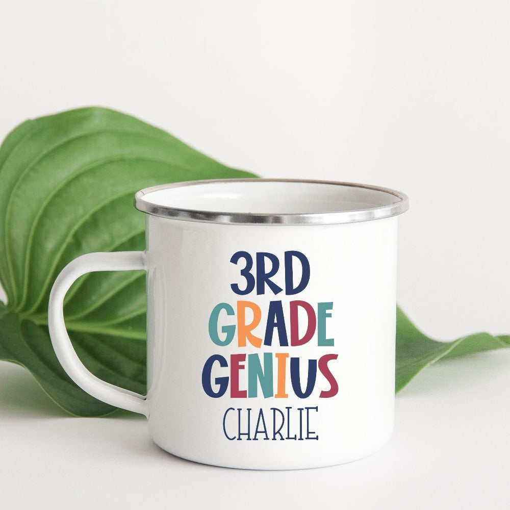 Customize this third grade, back to school drinking mug gift idea for your genius. For first day of school, school field trips, 100 days of school, graduation or a new grade. Perfect name cup for everyday use in or out of classroom. 3rd grade souvenir.