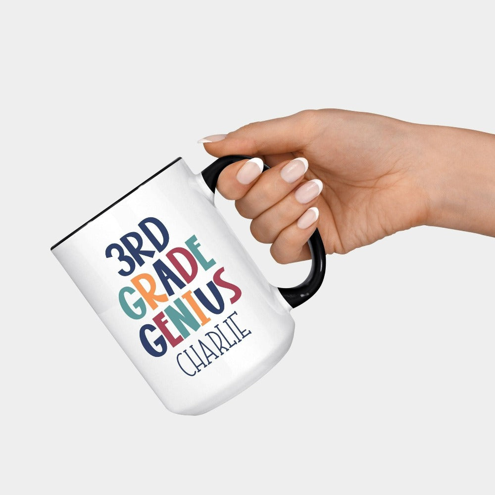 Customize this third grade, back to school drinking mug gift idea for your genius. For first day of school, school field trips, 100 days of school, graduation or a new grade. Perfect name cup for everyday use in or out of classroom. 3rd grade souvenir.