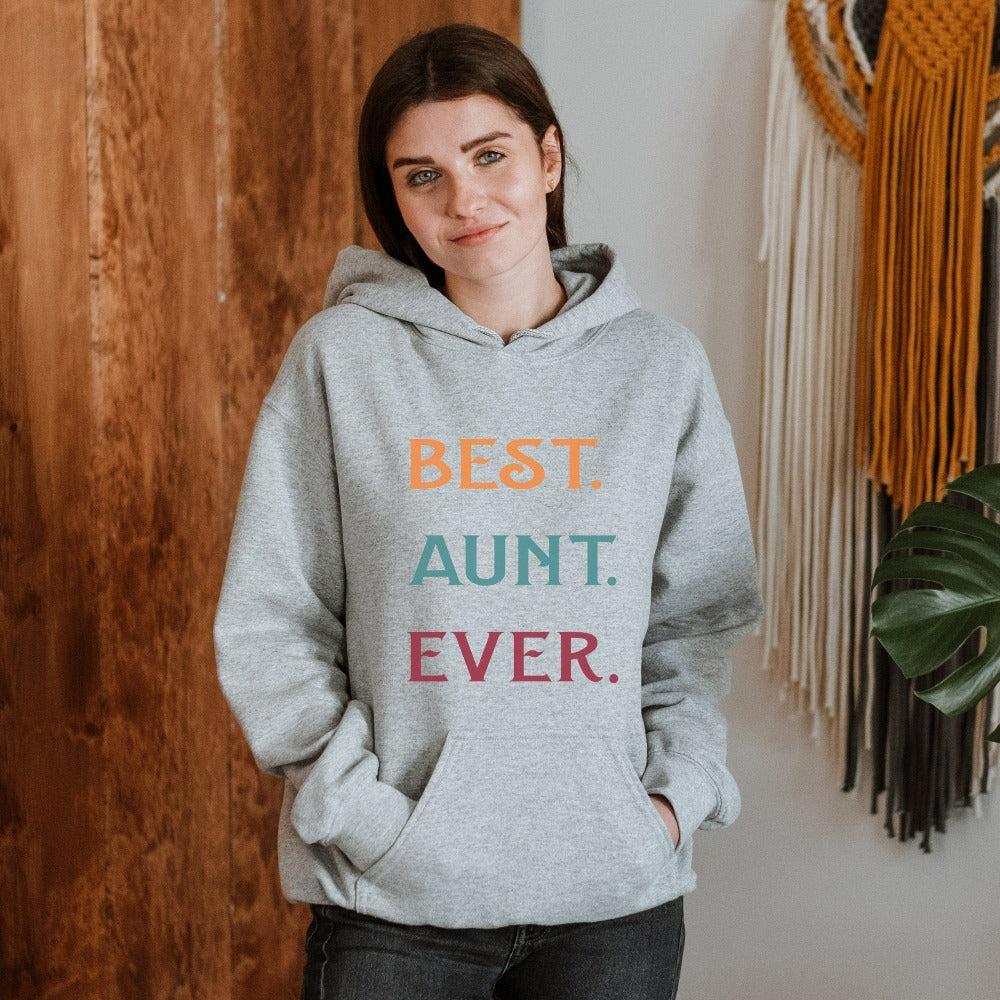 Celebrate the best Cool Aunt ever with this colorful auntie sweatshirt. Whether it's for a family reunion, weekend visit, birthday or Christmas holidays, this adorable top is a thoughtful gift idea for your aunt. Makes a great memorable present from niece or nephew on her special day. This cute uplifting outfit for aunty is a great idea for a promoted to aunt pregnancy reveal or new baby announcement surprise for your sister, family, sibling or best friend as the newest favorite funtie tia!