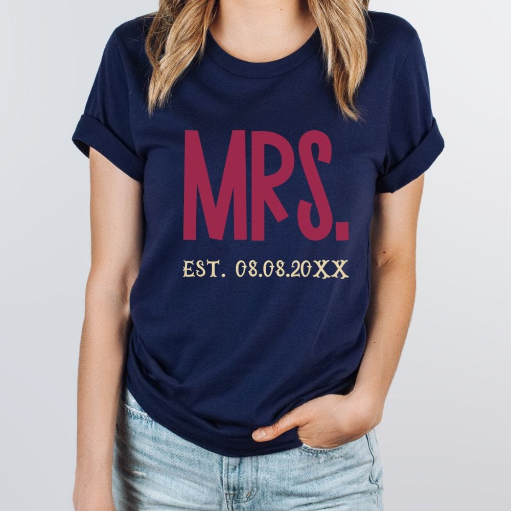 Mr and Mrs, Wife and Husband matching couples shirt. Heading out on a honeymoon vacation, family reunion cruise to celebrate your anniversary, this his and hers matching outfit is always a hit. Customized with date, it is a perfect bridal party wedding gift idea for bride and groom. Also great as a welcome gift for future soon-to-be daughter-in-law or son-in-law.