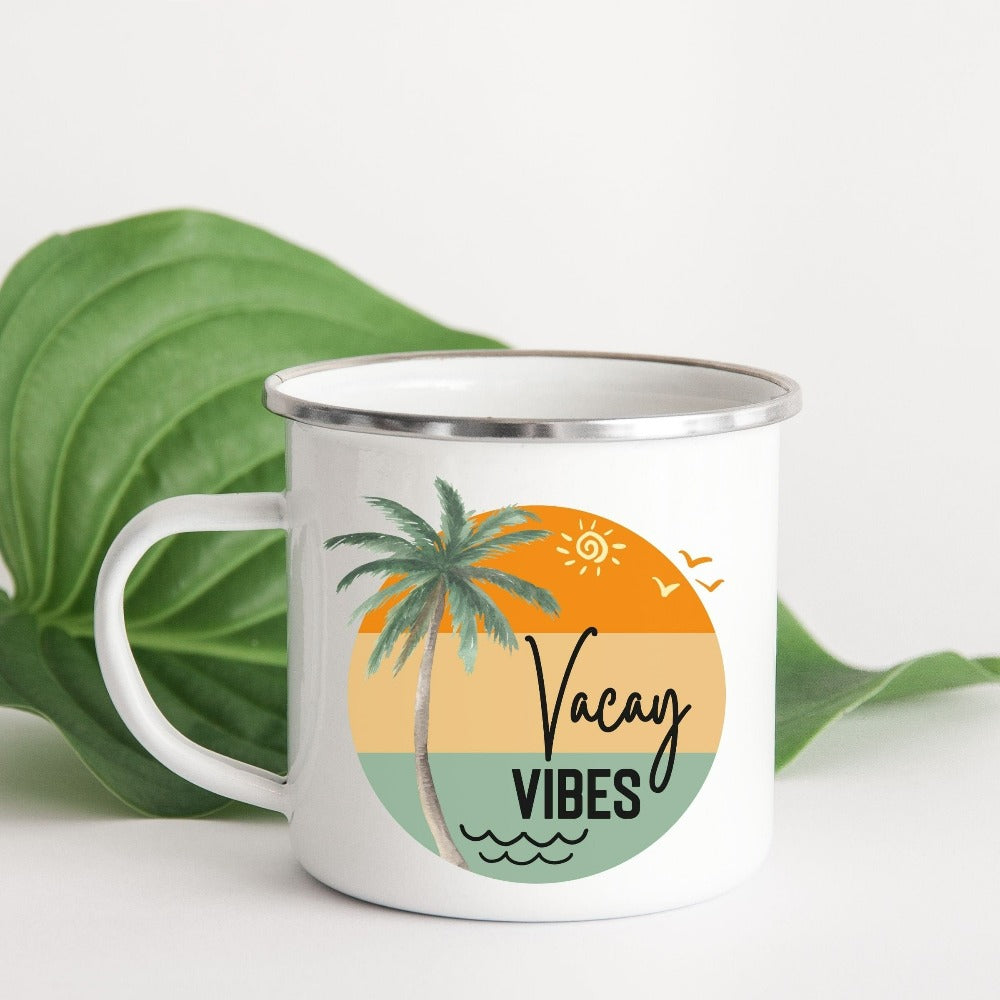 Get this retro bright beachy vibes vacation coffee mug souvenir and get your crew ready for vacay adventures. Perfect as memorable gift idea for airport flight, island beach cruise summer holiday, world travel, family road trip or any other great activity you do!