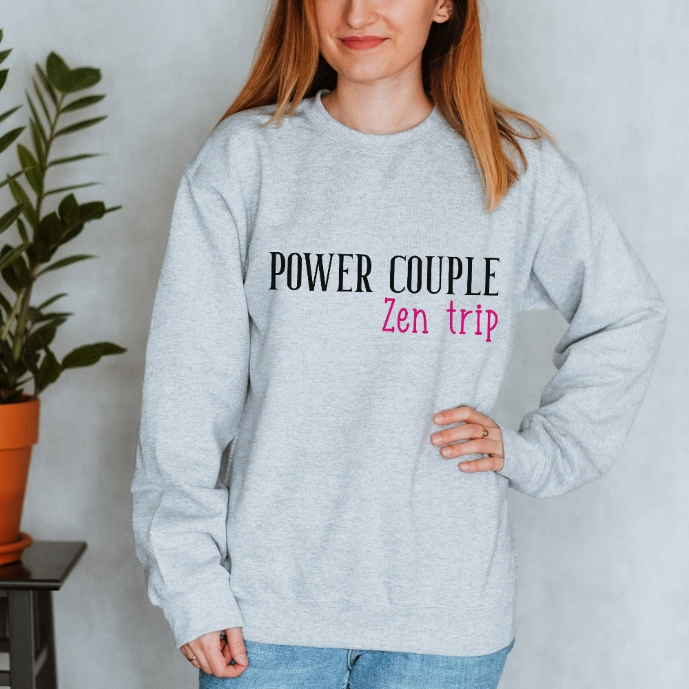 Matching power couple trip in progress sweatshirt for your next vacation travels. This cute outfit is perfect for couple's cruise vacations, family camping reunion, newlywed weekend getaway, dream cruise vacation, honeymoon mountain hike trip, island or airport lounge apparel. Get in the vacay mood and enjoy the best time ever with your travel buddy.