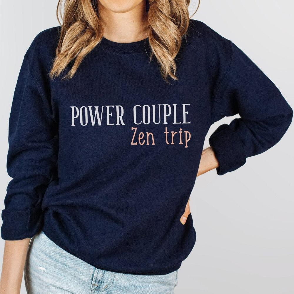 Matching power couple trip in progress sweatshirt for your next vacation travels. This cute outfit is perfect for couple's cruise vacations, family camping reunion, newlywed weekend getaway, dream cruise vacation, honeymoon mountain hike trip, island or airport lounge apparel. Get in the vacay mood and enjoy the best time ever with your travel buddy.