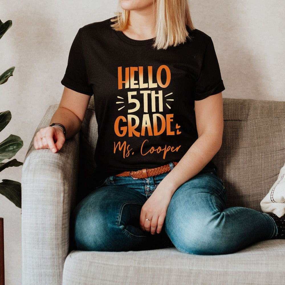 Hello 5th Grade! Customize this retro vibrant new grade shirt as a thank you gift idea for teacher, trainer, instructor and homeschool mama. Create a custom look and show appreciation to your favorite grade teacher with this unique shirt. Perfect for elementary team spirit, back to school, last day of school, summer or spring break. Great outfit for everyday use both in and out of the classroom.