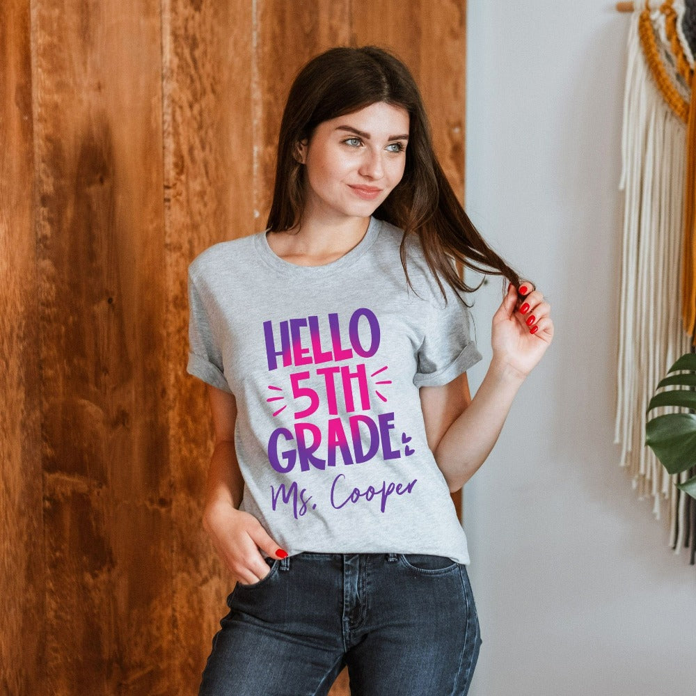 Hello 5th Grade! Customize this retro vibrant new grade shirt as a thank you gift idea for teacher, trainer, instructor and homeschool mama. Create a custom look and show appreciation to your favorite grade teacher with this unique shirt. Perfect for elementary team spirit, back to school, last day of school, summer or spring break. Great outfit for everyday use both in and out of the classroom.
