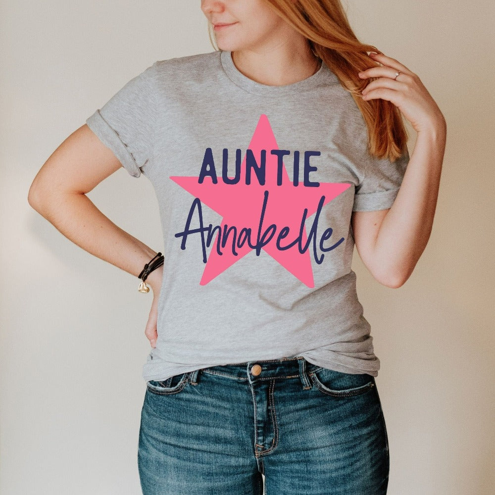 Customize this cute promoted to auntie baby announcement gift idea for women. This baby shower, family reunion or thanksgiving holiday pregnancy reveal shirt for aunt sister or best friend is a great idea to break the good news to family and friends. Pregnant mom gender party surprise to new aunt or loved tia. Custom aunt life present for Mother's Day or Christmas reunion.