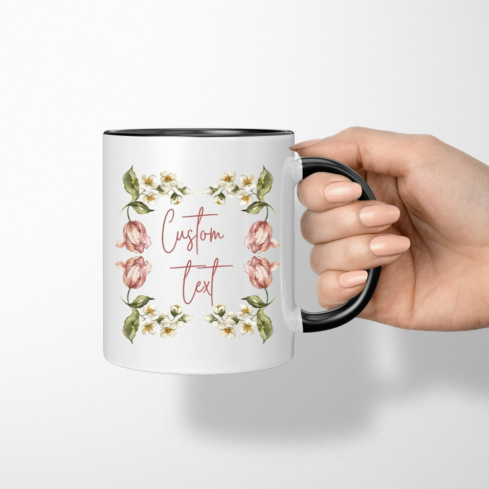 Customize this adorable floral coffee mug gift for friends, family, grade teacher, group trainer, school instructor, mom, sister and more. Show appreciation with this bohemian customizable gift idea for a special touch. Perfect for indoor and outdoor use, personalized teacher gift, name reveal party, team spirit souvenir, bridesmaid matching gifts, cousin crew camping beverage mug gifts, Christmas vacation and holidays.