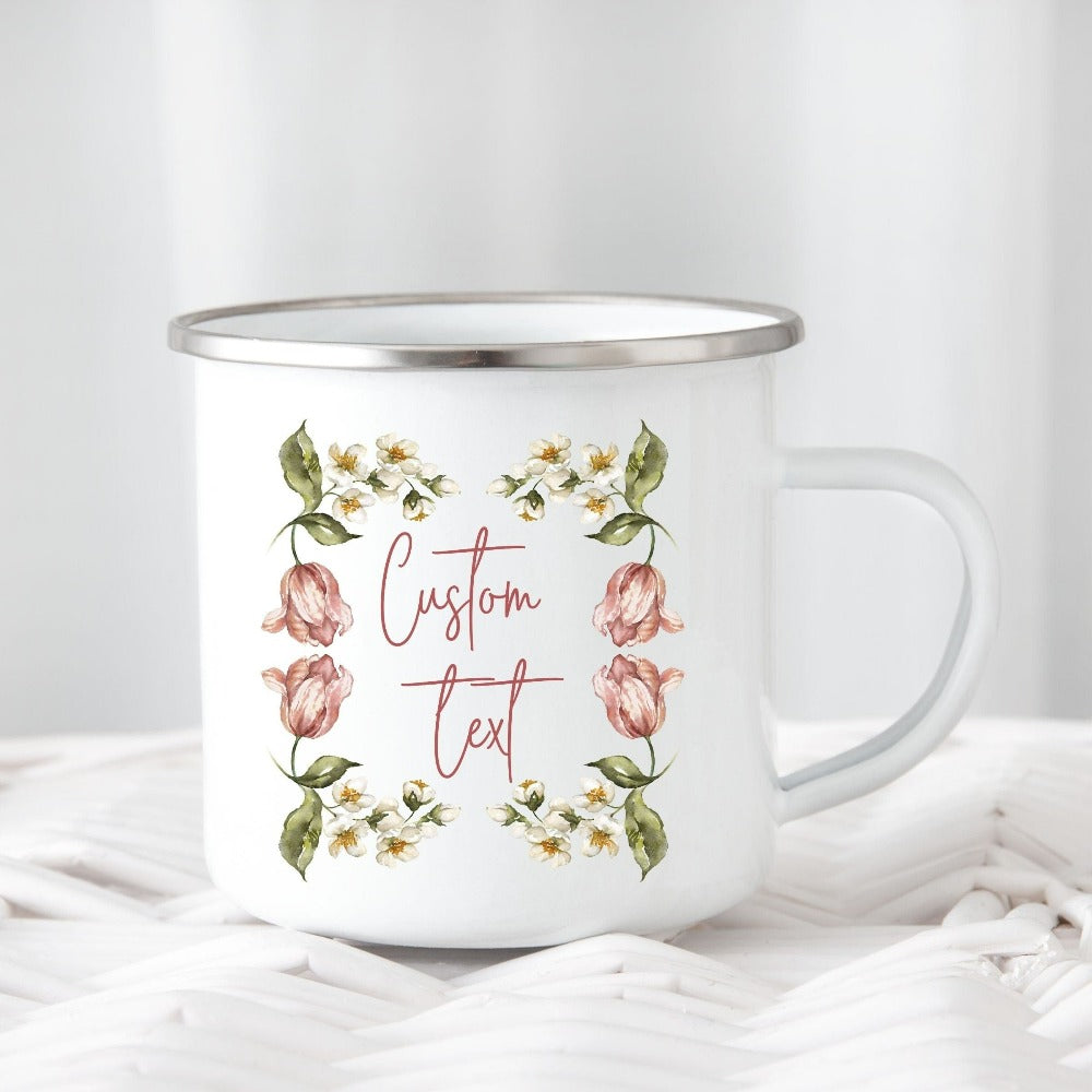 Customize this adorable floral coffee mug gift for friends, family, grade teacher, group trainer, school instructor, mom, sister and more. Show appreciation with this bohemian customizable gift idea for a special touch. Perfect for indoor and outdoor use, personalized teacher gift, name reveal party, team spirit souvenir, bridesmaid matching gifts, cousin crew camping beverage mug gifts, Christmas vacation and holidays.