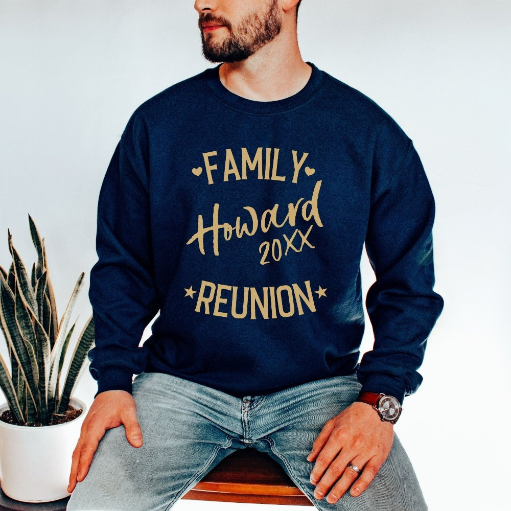 Custom matching family reunion name outfit. This classy design comes with personalization to stand out on your get together. Available in multiple sizes and colors with customized year or destination options. Summer break vacay mode approved!
